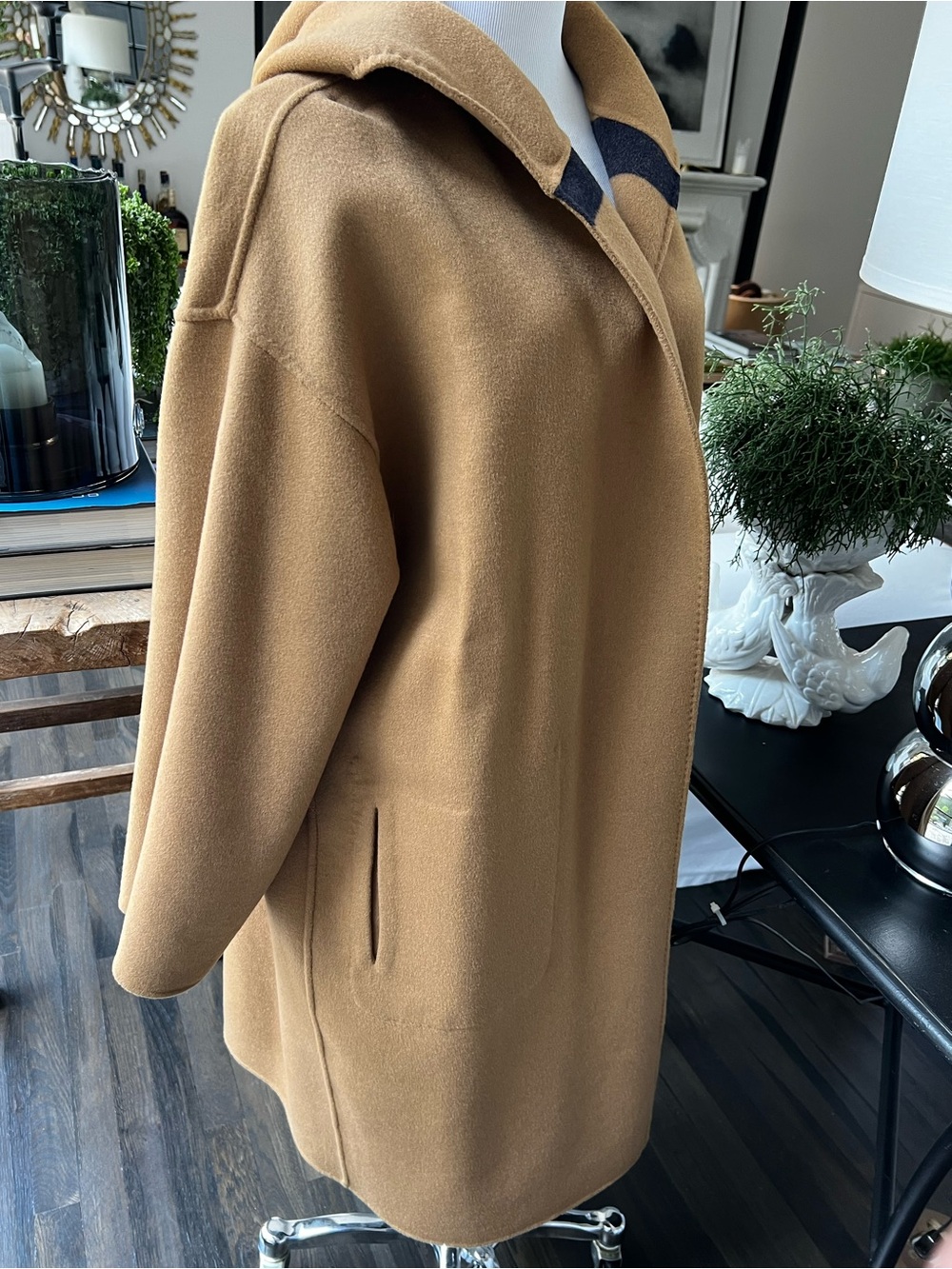 La Ligne Camel and Dark Navy  Striped Hooded Belted Wrap Coat Reversible  size S - Picture 8 of 11